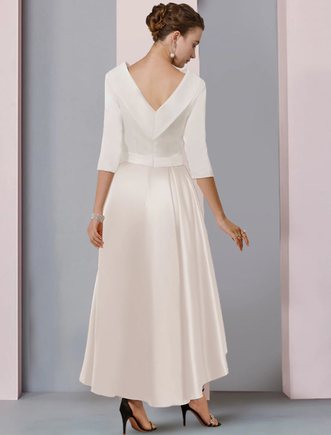 Wholesale  A-Line Mother of the Bride Dress Wedding Guest Elegant High Low Scoop Neck Asymmetrical Tea Length Satin Half Sleeve with Pleats